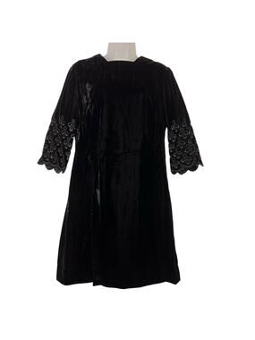 Vintage 60s Size Medium Black Velvet Sheath Dress Eyelet Half Sleeves Party